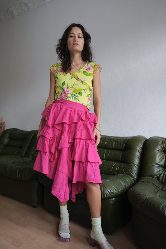 Y2K Yellow and Pink Hibiscus Asymmetrical ruffle … - image 2