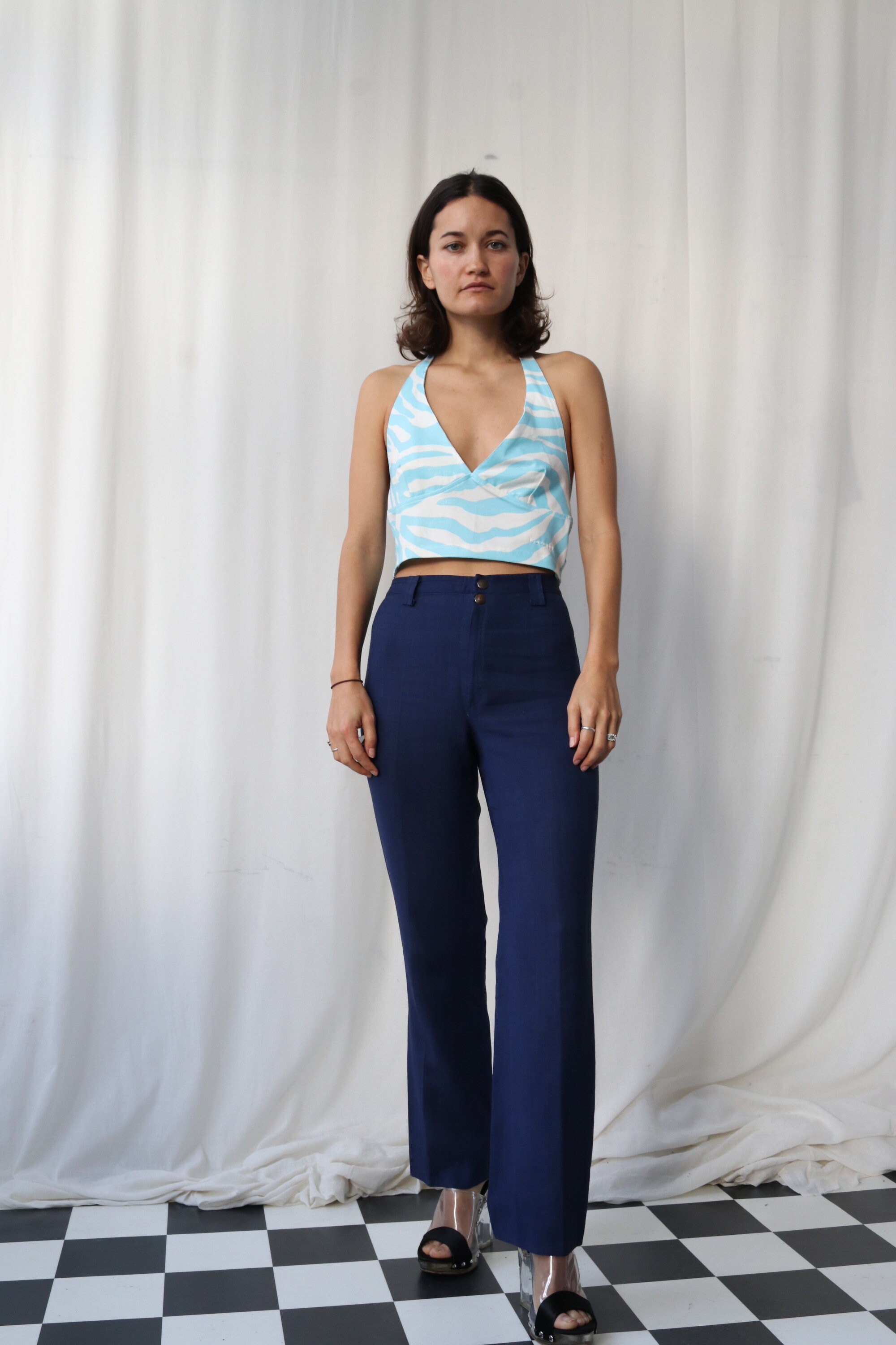 Image of True Vintage Linen Navy Tailored High Waisted Straight Leg Trousers Made in Italy