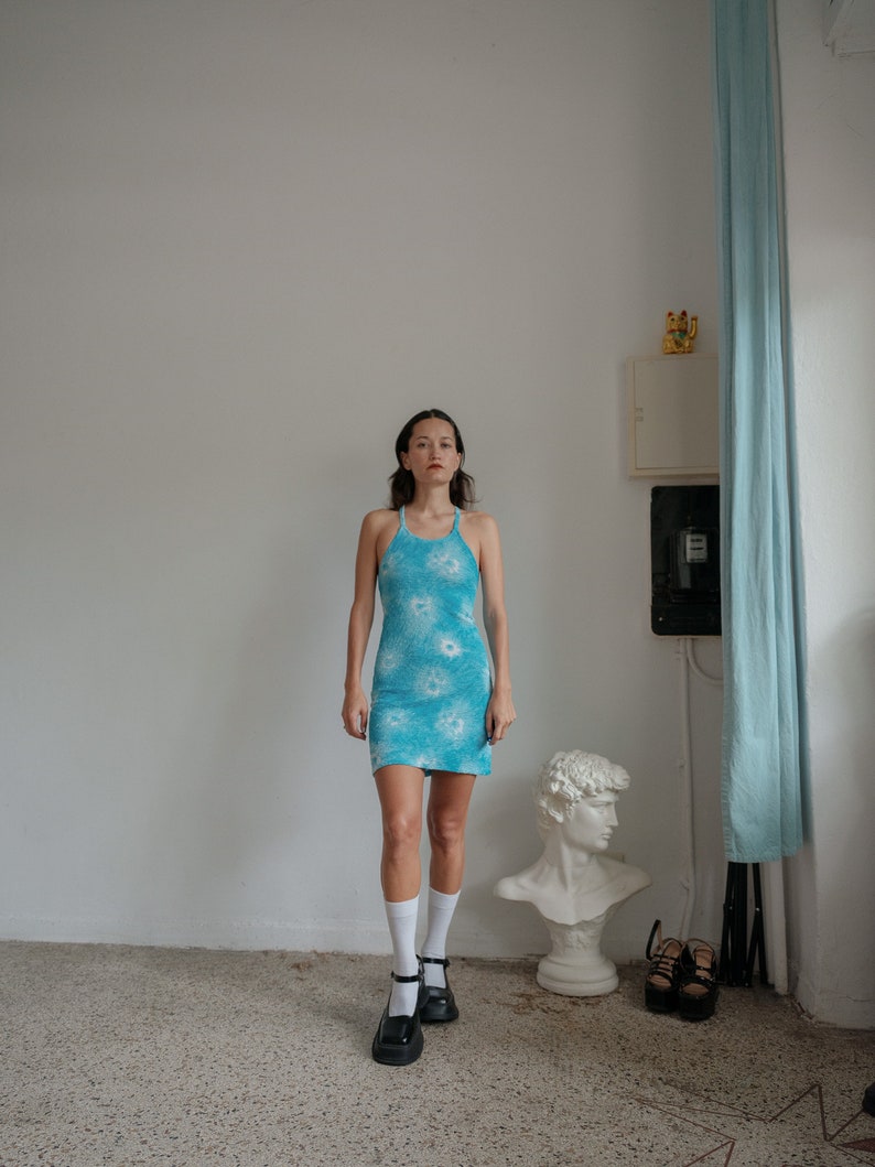 90s Baby Blue Tie Dye Fitted Mini Dress XS From my personal collection image 6