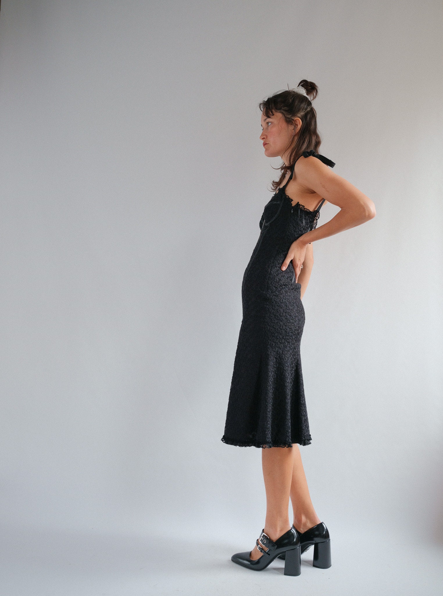 Moschino Cheap and Chic Black Lace Corset Midi Dress From