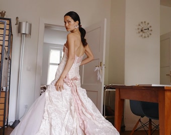 strapless open back dress Ivory and Blush Wedding Dress Long Sleeves Ball Gown