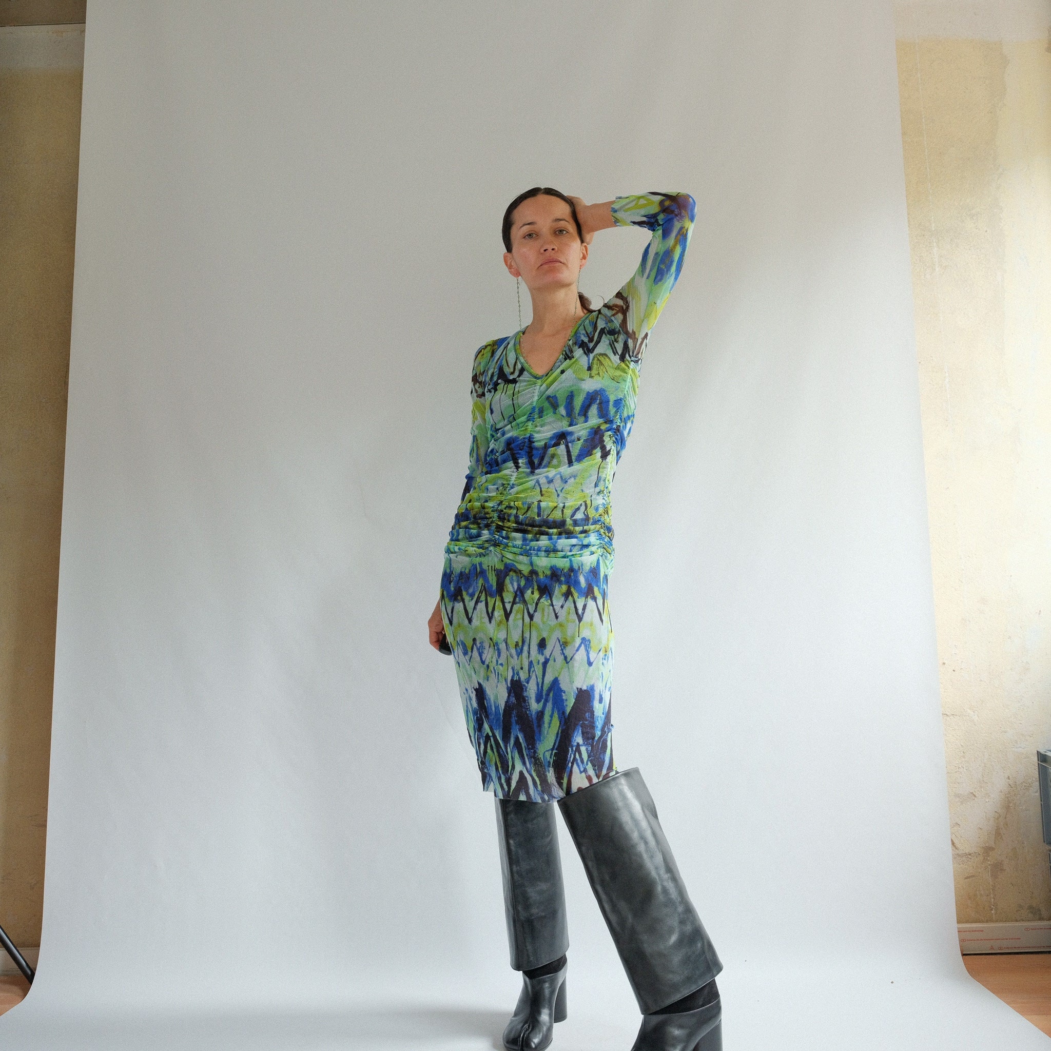 Jean Paul Gaultier Ruched Lime Green & Blue Tattoo Print Micro Mesh Dress Osfm