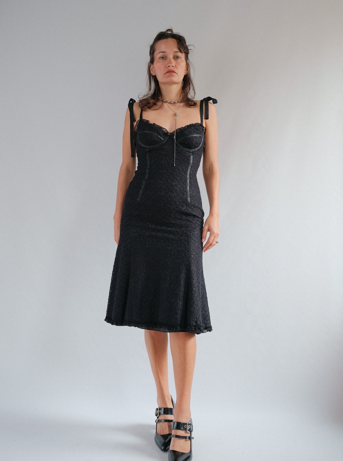 Moschino Cheap and Chic Black Lace Corset Midi Dress From the Mid