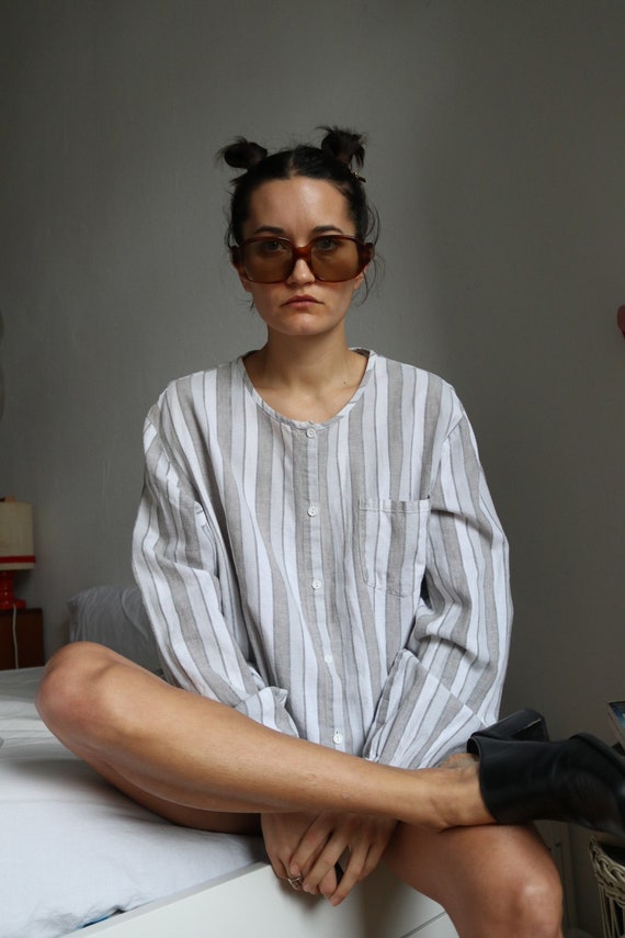 Vintage Linen collarless tunic shirt, striped