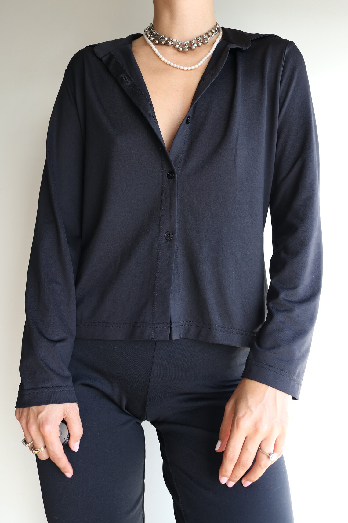 90s Dagger Collar Button Front Shirt Black Etsy