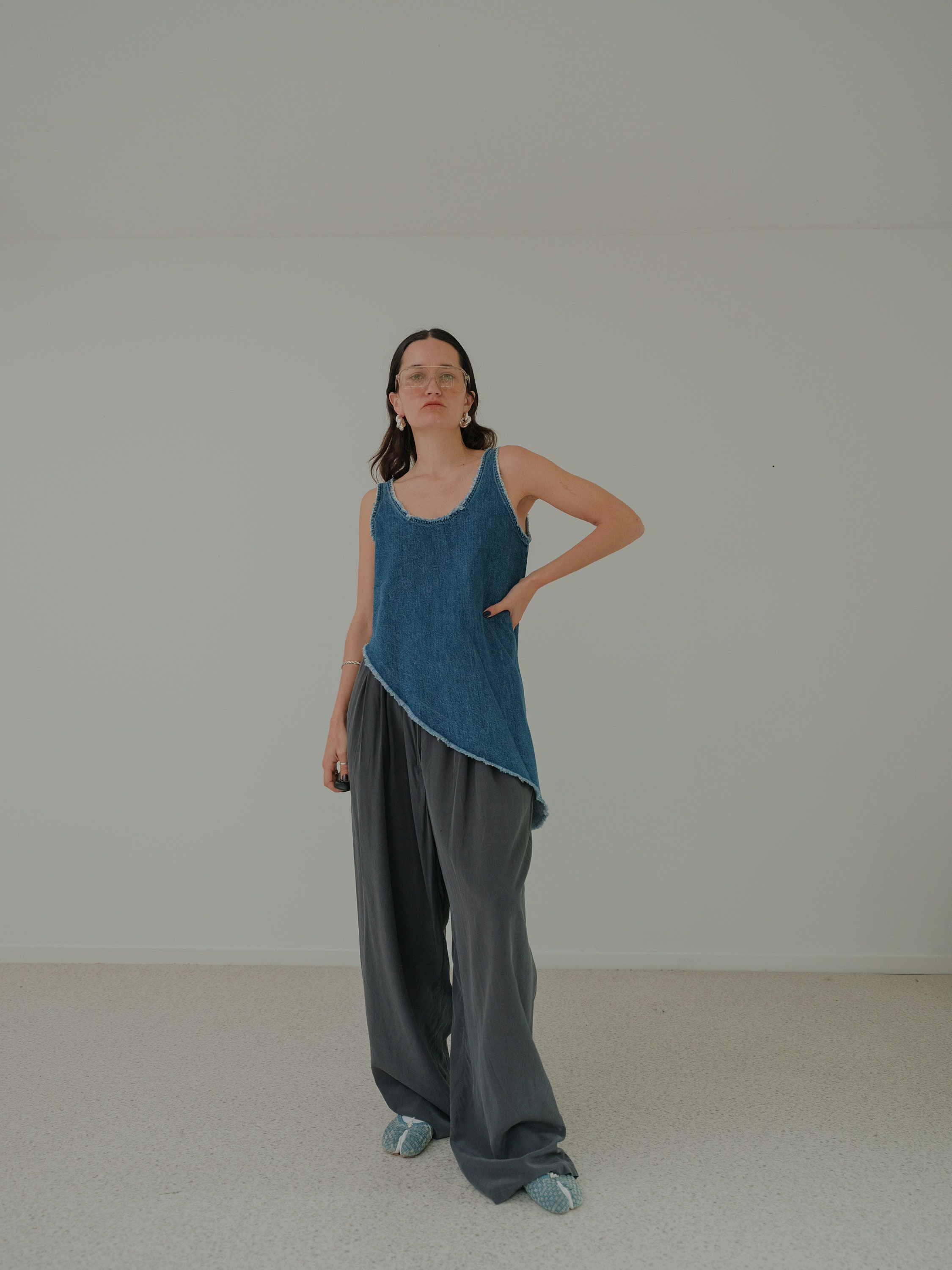 Alexander Mcqueen MCQ Denim Asymmetrical Top With Frayed Hems IT