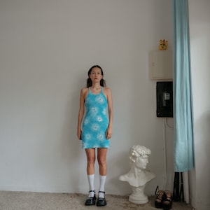 90s Baby Blue Tie Dye Fitted Mini Dress XS From my personal collection image 3
