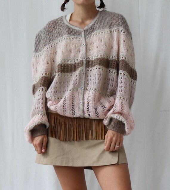 Vintage Baby Pink and Brown Striped Mohair Knitte