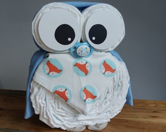 Windeltorte Eule blau-Geschenk zur Geburt, Babyparty