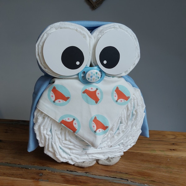 Windeltorte Eule blau-Geschenk zur Geburt, Babyparty