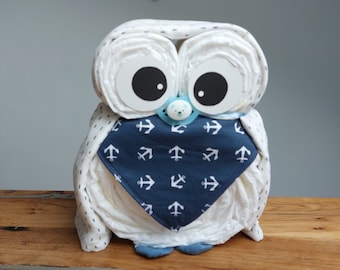 Windeltorte Eule blau maritim-Geschenk zur Geburt, Babyparty