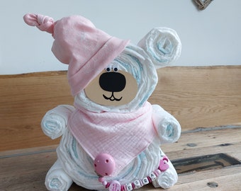 Windeltorte Bär in rosa optional mit Schnullerkette-Geburtsgeschenk