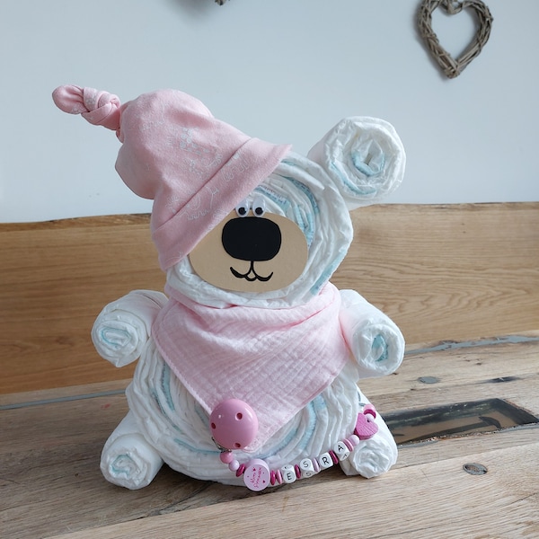 Windeltorte Bär in rosa optional mit Schnullerkette-Geburtsgeschenk
