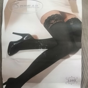 1990s unused still in Packet Pesail Beige hold up stockings lace tops 120D size large to Ex large