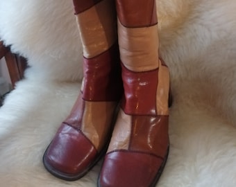 Vintage Original 90er Jahre Quadratische Zehen Echtleder Patchwork Leder Stiefeletten Größe EU 37 UK Größe 4