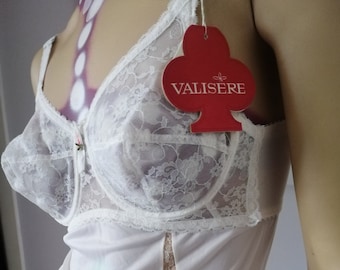 Vintage 1970s /80s unused Slip /dress with Original tags lace bullet bra By Valisere Lace, Nylon size FR 80 white