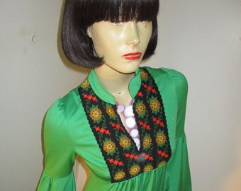 Vintage 1970 dress Embroidered Green Bell Sleeves Maxi Dress By Mr Darren