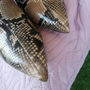 Könnte beinhalten: Ein Paar braune und schwarze Schlangenlederschuhe mit spitzen Zehen.