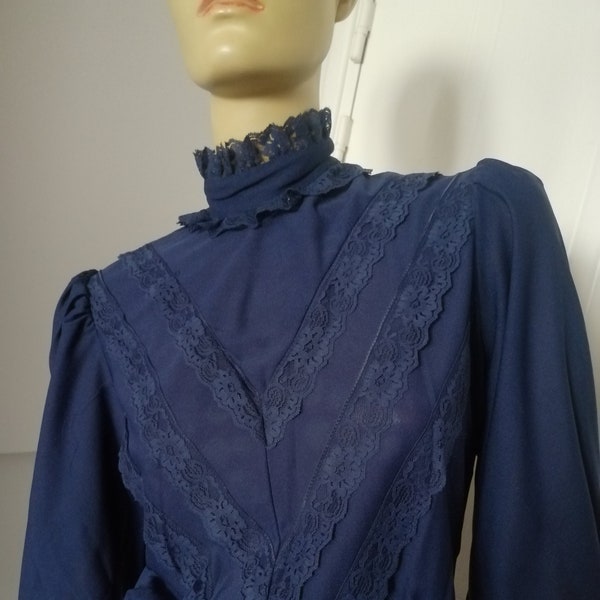 Vintage 1970s blue Prairie, hippy, high neck dress lace size small