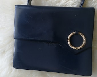Vintage original 1960s French Dark Blue Real leather Small wrist bag