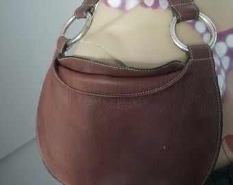 Vintage 90s Dark brown Leather shoulder, wrist, Hand bag big Metal hoops Made By Sequoia, Great look