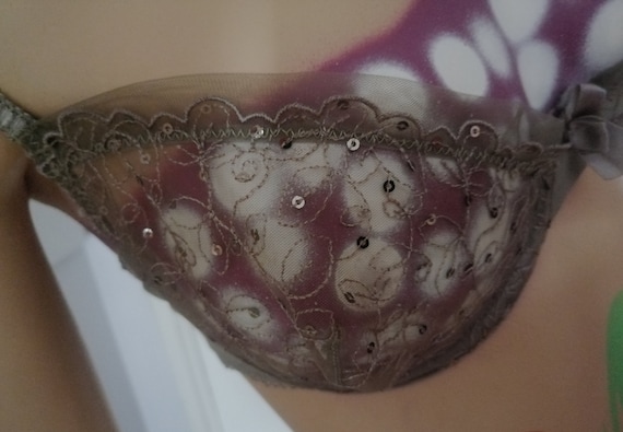 90s French Very See Through Lace, Net Sequins Gray Embroidered Bra