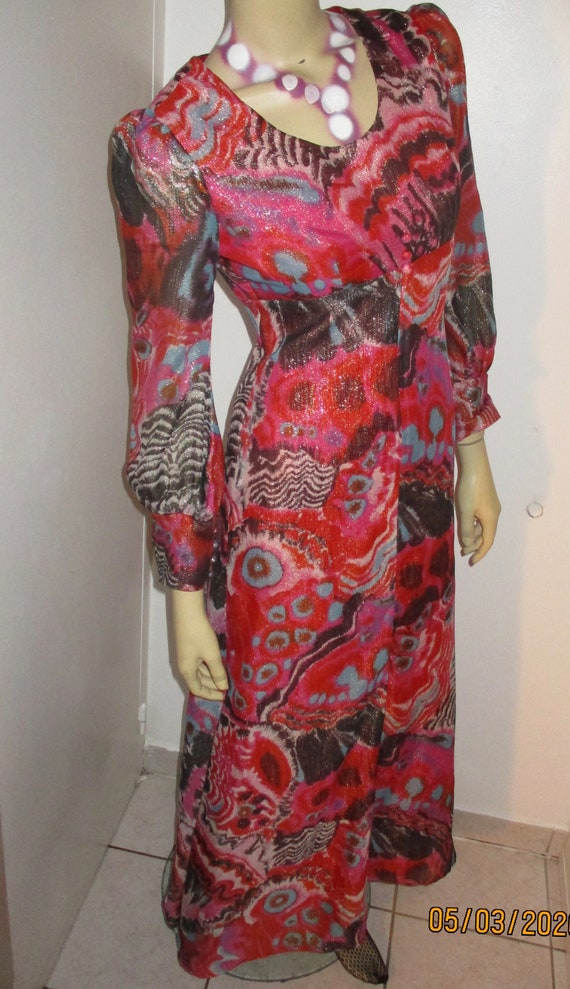 Vintage 1970S Maxi Psychedelic Metallic Dress Siz… - image 3