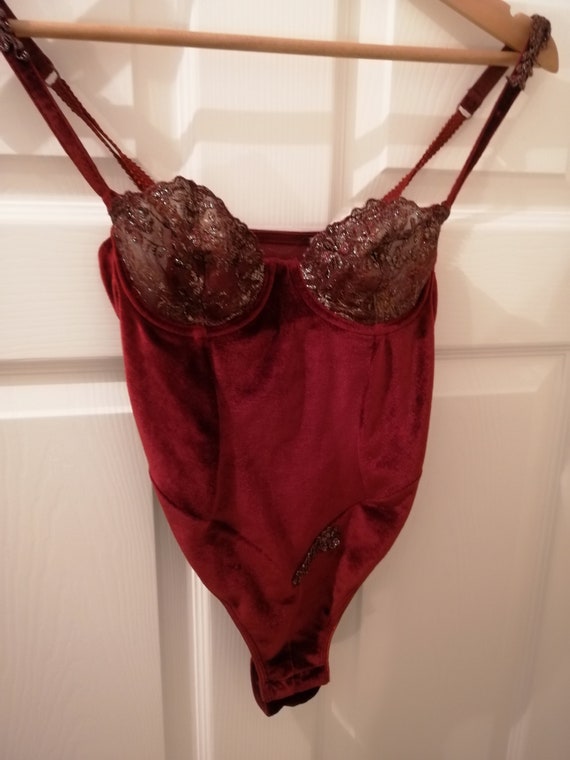Vintage French Lingerie Body, Dark Red, Velvet, Underwire See Through Bar,  Thong, by Aubade Size 32B /EU 70/fr85 