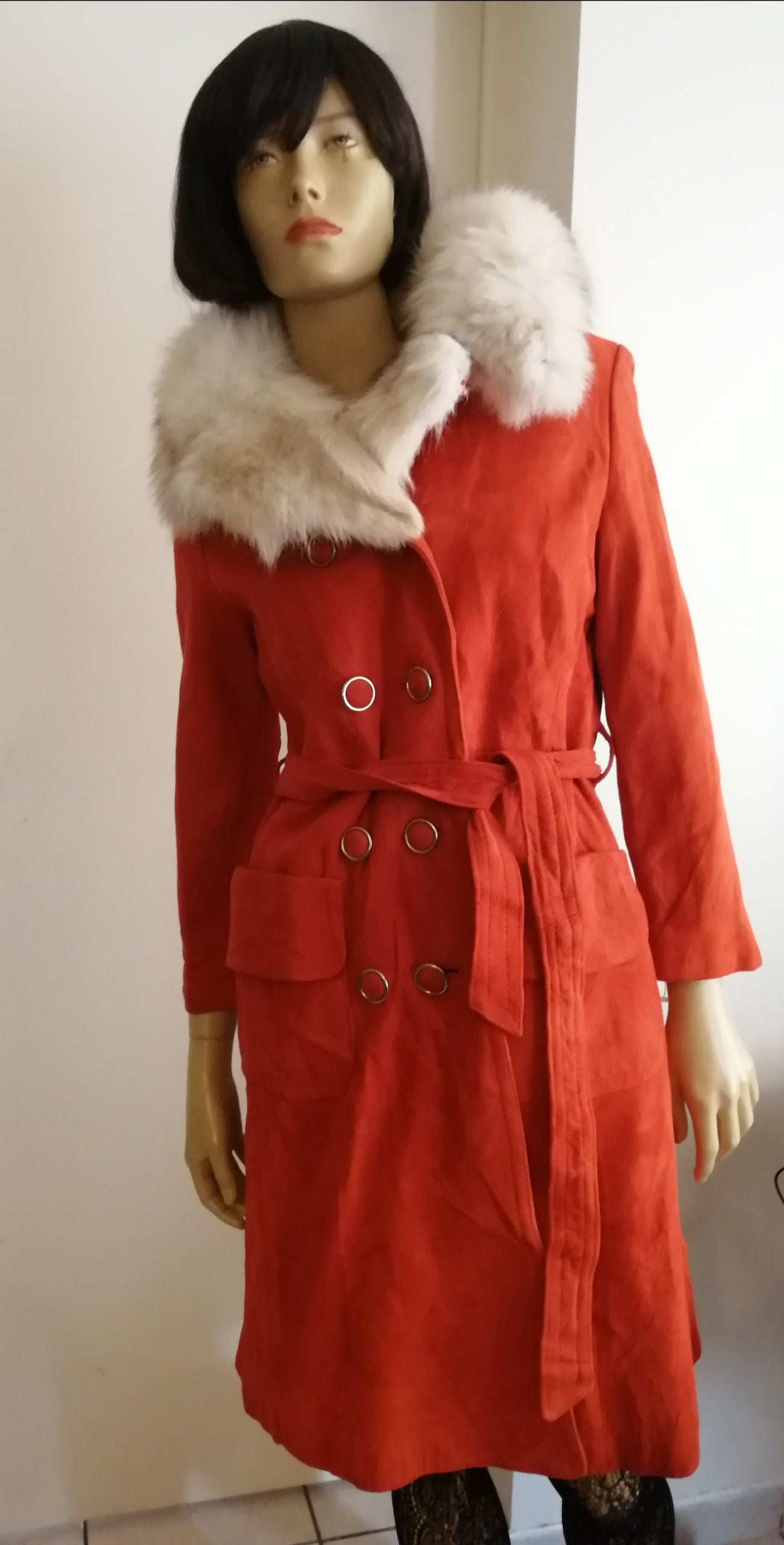 Vintage 1960s Original Red Suede and Sliver Fox Fur Collar by 