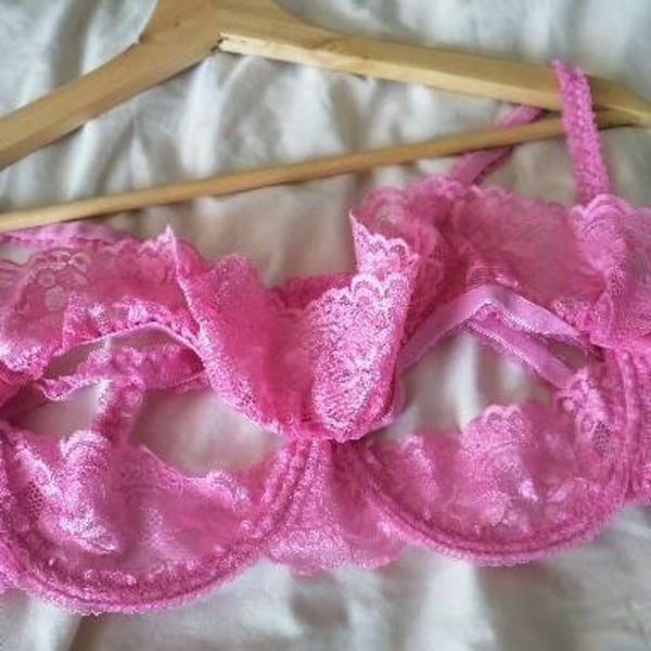 Vintage 1980s pink lace open half cup bra Deadstock unused size FR 90B by Carnets de Femmes