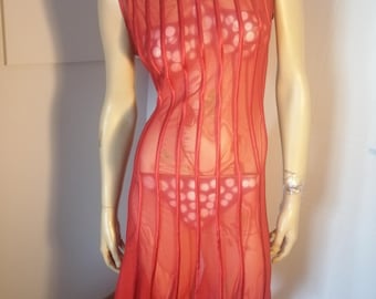 Vintage 1980s original see through mesh and satin red dress very sheer size medium to Large