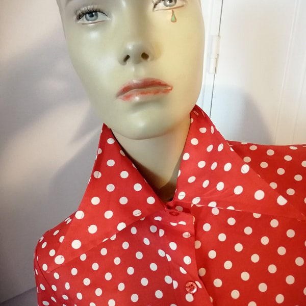 Vintage 1970s French Large collar, spear collar red and white polka-dot blouse /shirt size eu 44 /uk 10 to 12 mint condition