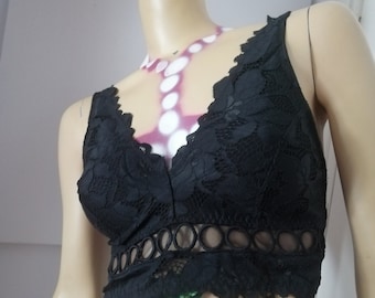 Vintage 90s Bra, Crop top Black Nylon fitted out wear and lingerie size medium or 34B and up mint condition