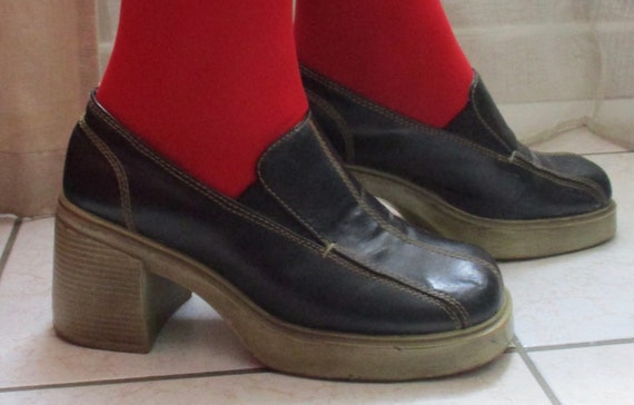 Vintage 1970S Platform Black Leather Shoes Size 7/