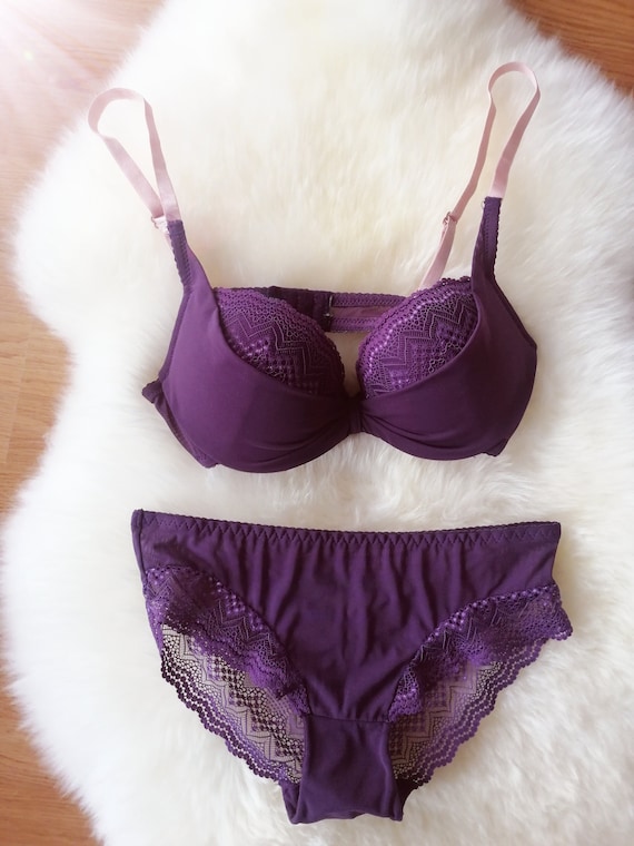 Dark Purple, Bra and Panties, Padded, Underwire, Push Up, Size  36b,fr95b,eu80b,panties Size Medium, Very Sheer New With Out Tags -   Hong Kong