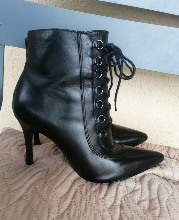 Vintage 90s real Leather fetish style lace up hig… - image 1