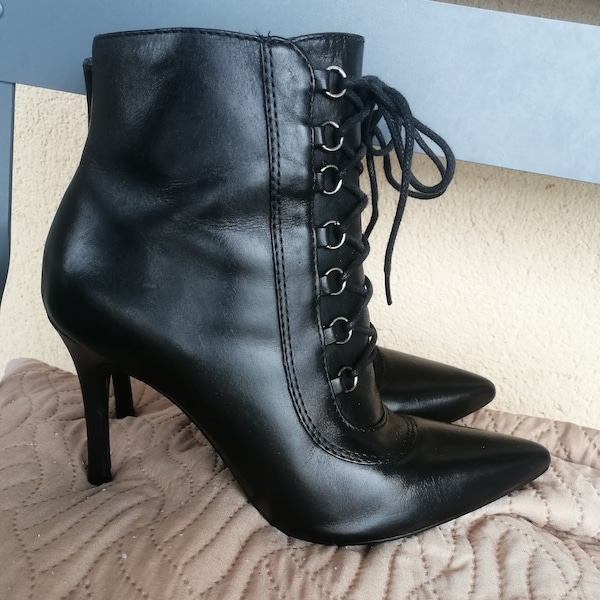 Vintage 90er Jahre echtes Leder Fetisch-Stil Schnür-High-Heels-Stiefel Schwarzes Leder Größe UK 4 Eu 37 Gebraucht