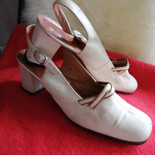 Vintage 1960s French white leather slingback handmade shoes size 7 UK