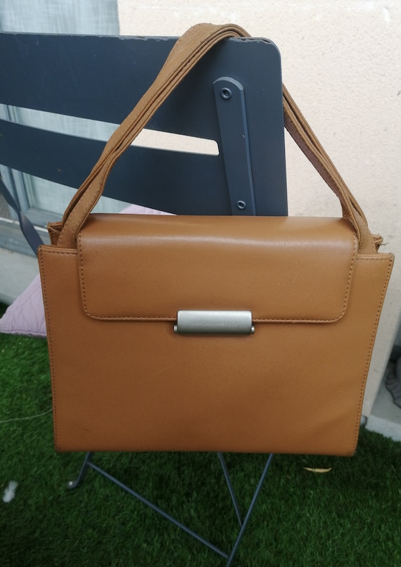 Vintage 90s Real light Brown Leather Handbag, wri… - image 1