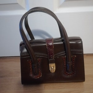 Vintage 1960s dark brown Faux leather with real Snake skin small handbag brown mint condition