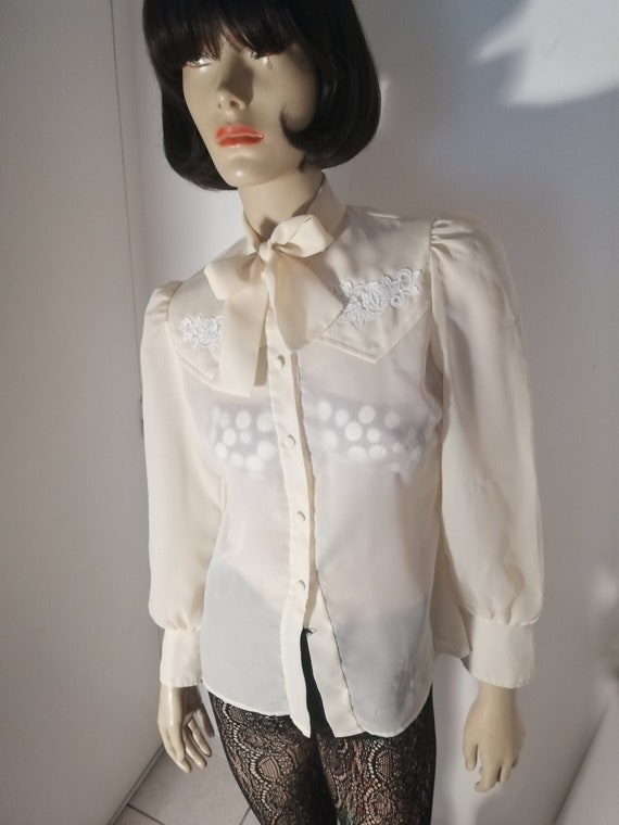 Vintage 1970s French pussy bow sheer blouse size … - image 1