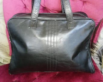 Vintage 80s Real leather handbag wrist bag black zip up front pockets mint condition