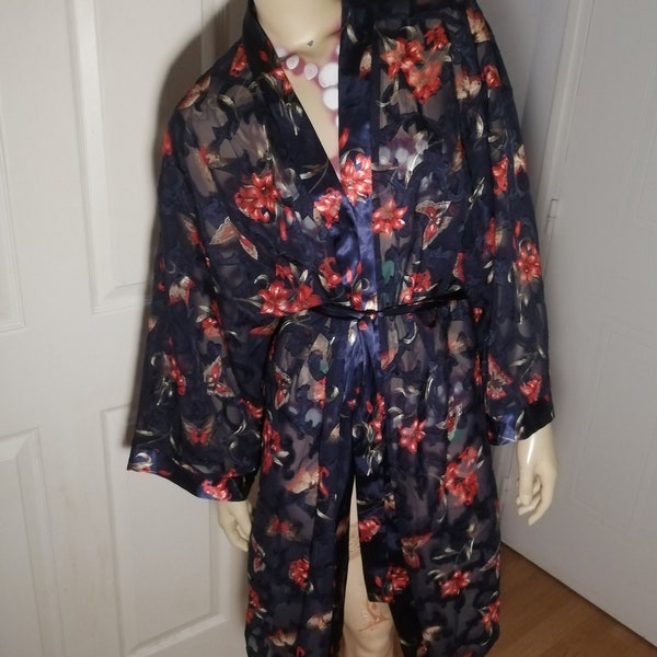 Amazing Original vintage 1980s very sheer, See through Floral Dressing gown, Night dress size One size