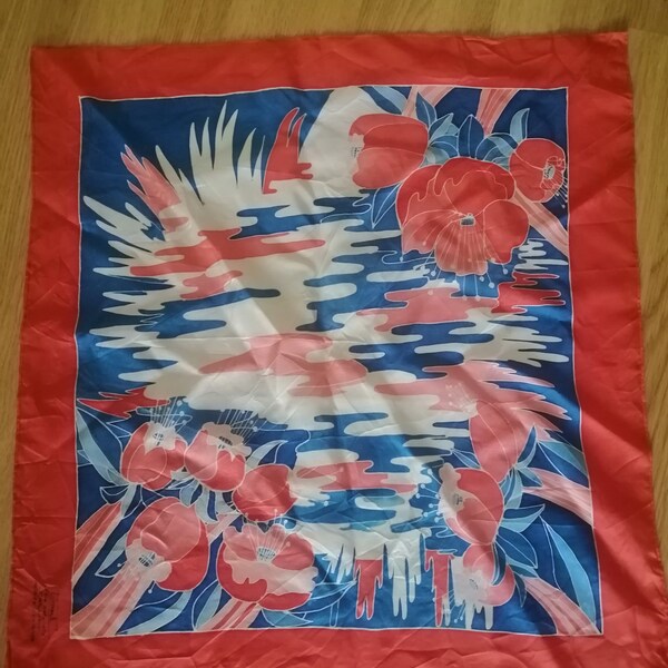 Vintage 1970s French Hand printed silk head, neck scarf red, Floral mint condition size medium