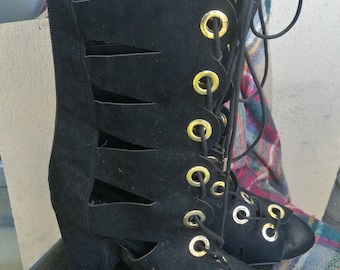 Vintage 90s Black lace up Block heels Gold Suede Gladiator style Open Boots Size 39 Eu, UK 6