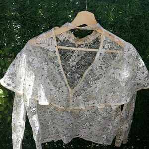 Vintage 1970s /80s Prairie, Bohemian, white, gold lace sheer, Ruffles open back long sleeve blouses /Top, medium to Large image 6