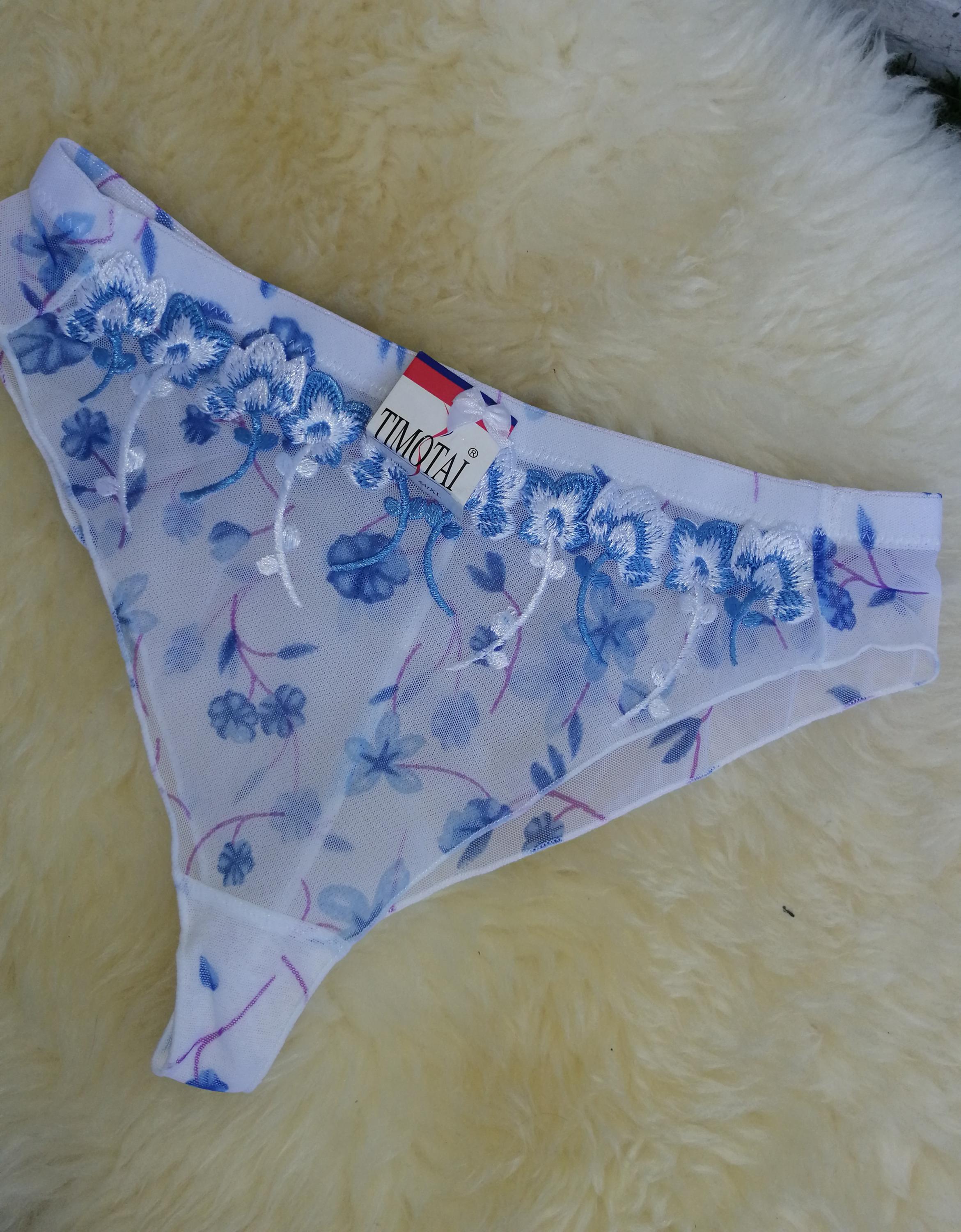 Vintage 1980s Deadstock unused with tags see through net, high legs tanga knickers size small to medium white and blue