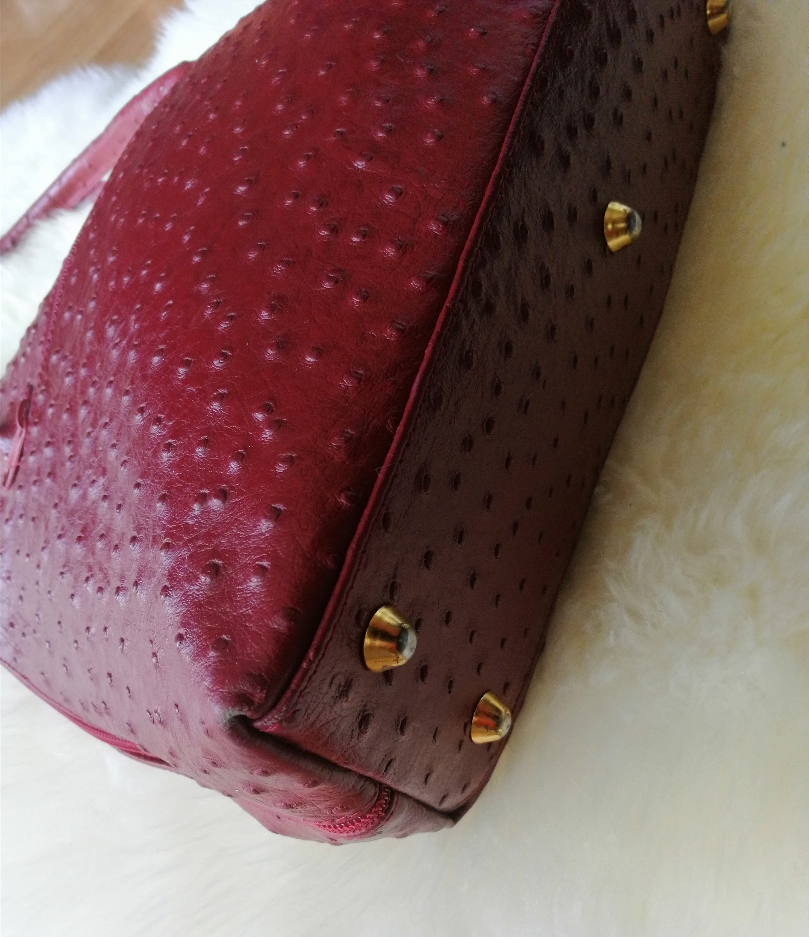 Vintage 90s Handbag Real Ostrich Leather Oxblood Bag Medium 