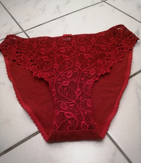 Vintage 1980s Deep Red Used High Leg Knickers See Through by