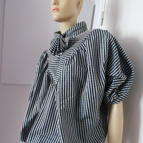 Vintage 1980s French New Romantic Original Black, green Gold strips Batwing sleeves electric waist big Puffed sleeve size Small to medium